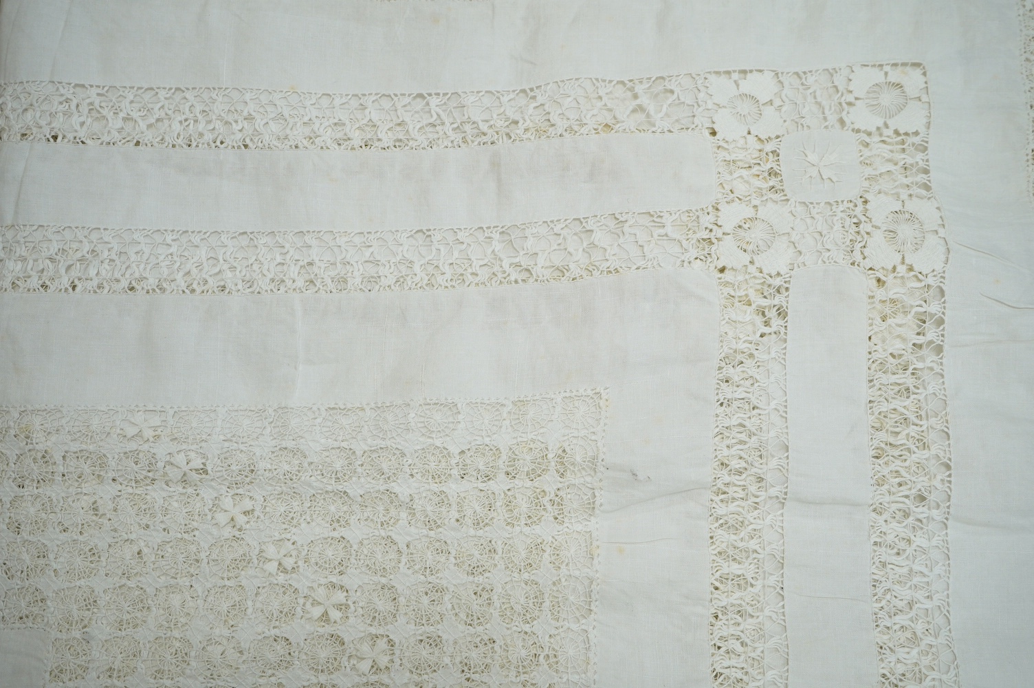 A fine linen drawn thread worked bedspread, 264cm x 220cm. Condition - good